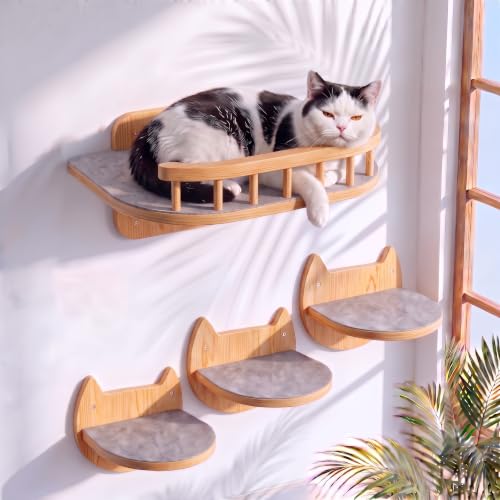 Cat Wall Shelves, Modern Cat Wall Furniture for Indoor Cats - color: Natural Wood, 3 Steps + Perch