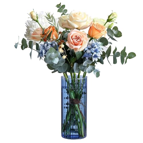 ComSaf Glass Cylinder Vase 8 Inch Tall, Blue Ribbed Decor for Centerpieces | Decorative Flower Vase, Hurricane Floating Candle Holder, Wedding Decor, Reception Table, Home Accent, Housewarming Gift - color: Blue