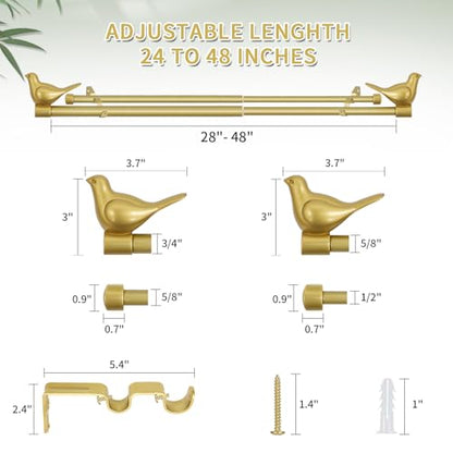 3/4" Diameter Farmhouse Double Window Treatment Curtain Rod, Bird Finials (28"-48", Gold) - color: Gold, size: 28"-48"