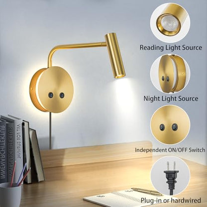 Gold Wall Mounted Reading Light 2 Pack, 3000K Flexible Headboard Reading Sconces with On Off Switch Control, Plug in/Hardwired Wall Light Fixtures with Night Light for Bedside Bedroom Bunk - color: Gold-2 Pack