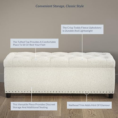 BELLEZE Storage Ottoman, Tufted Ottoman with Close Hinge, Foot Rest for Living Room (White, 47 inch) - color: White
