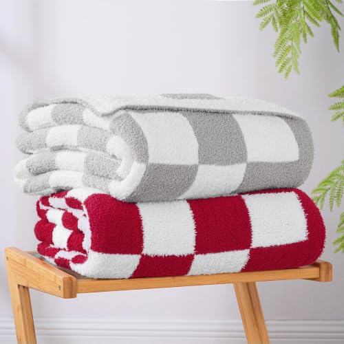Exclusivo Mezcla Checkered Knit Throw Blanket for Couch, Light Grey - color: Light Grey, size: Throw (50"x60")