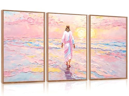 CHDITB 3Pcs Jesus Walking on Water Framed Canvas Wall Art 24x36 Inch - color: Jesus Walking on Water, size: 24"L x 36"W