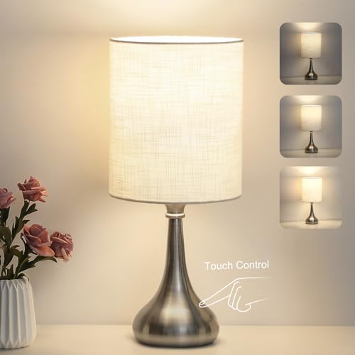 Touch Control Table Lamp, 3 Way Dimmable Simple Night Light Lamp with White Lampshade Silver Metal Base, Small Bedside Table Lamp for Bedroom, Office, Dorm, A19 9W 3000K Bulb Included - color: Silver, White