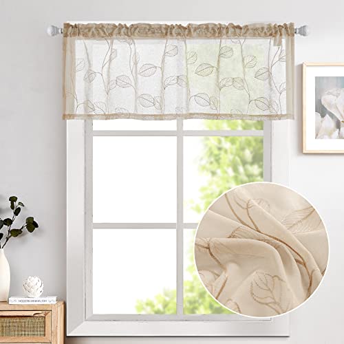 Topick Beige Sheer Leaf Curtain Kitchen Valance for Windows Leaf Embroidered Voile Small Curtain Valance Semi Sheer Farmhouse Curtain 16 Inch Rod Pocket 1 Panel Beige - color: Beige, size: 55"W x 16"L (Pack of 1)
