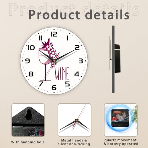 Wine Cup with Grapes Wall Clocks Wooden Wall Clock Art Hanging Clocks Silent Non-Ticking Wall Clock Battery Operated Round Home Arabic Numeral Decorative Wall Clocks 10 Inch - color: Wine Cup With Grapes