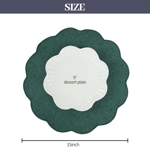 AHHFSMEI Round Scalloped Placemats Set of 6 15 Inch Faux Linen - color: Forest Green