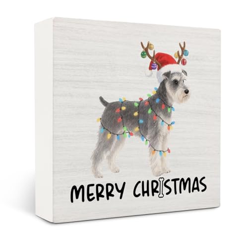 Schnauzer Merry Christmas Wooden Box Sign Desk Decor, Schnauzer Gifts, Christmas Dog Wood Block Sign for Home Bedroom Office Desk Table Shelf Wall Decorations, 5x5 Inch - color: Schnauzer