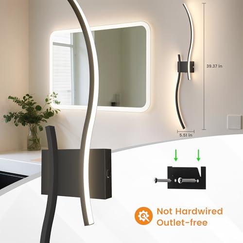 VOLISUN Battery Operated Wall Sconces Set of Two, 39.4 inch Wireless Wall Sconces, 3000K-6500K Dimmable Wall Lamps with Remote, Rechargeable Black Wall Lights for Living Room, Hallway, Bedroom - color: Black, size: 39.4 INCH