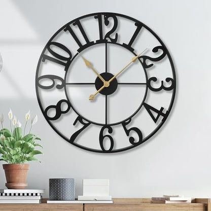 Wall Clock Battery Operated,Silent Non Ticking Modern Rustic Metal Small Clocks for Living Room/Bedroom/Office/Kitchen/Farmhouse Home Decor-16IN(Arabic Number-Black) - size: 16 inch