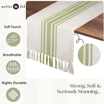 Native Fab Green Table Runner 72 Inches Long - Striped Table Cover with Fringes - 100% Cotton, Soft, Tight Weave, Non Slip Tablerunner for Dining, Dresser, Wedding - Mint Green White (14x72 inches) - color: Mint Green White, size: 14x72