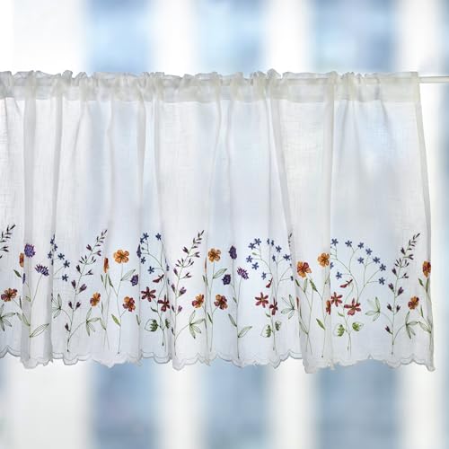 027 Floral Embroidery Pastoral Style Valance, White Sheer Flowers Valances,Window Treatment for Kitchen,W50XL16 inch (Wild Flower) - size: 50"W x 16"L (Pack of 1)