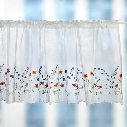 027 Floral Embroidery Pastoral Style Valance, White Sheer Flowers Valances,Window Treatment for Kitchen,W50XL16 inch (Wild Flower) - size: 50"W x 16"L (Pack of 1)