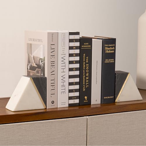 Cork & Mill Marble Bookends with Gold Brass, Grey and White, Set of 2