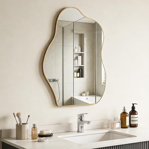Irregular Asymmetrical Wall Mirror, 28x20 Inch Gold Bathroom Mirror - size: 28"L x 20"W