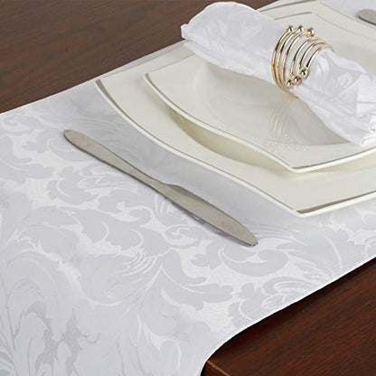 EHouseHome Jacquard Damask Reversible White Table Runners with Tassels 13 x 72 inch Wrinkle and Water Resistant Spill-Proof Decorative Dining and Wedding Runners - color: White With Tassels