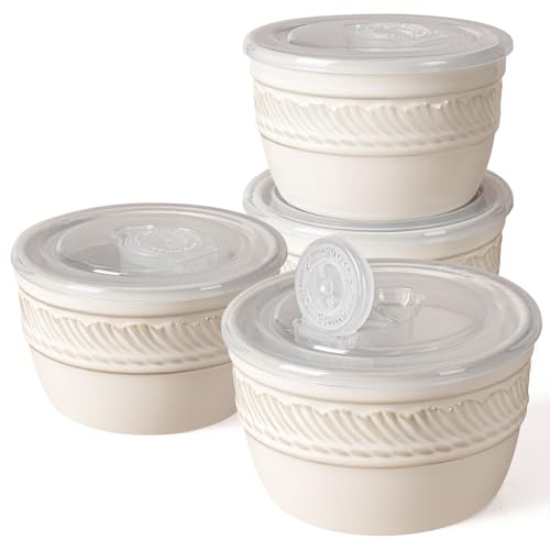 Artena Ramekins with Lids, Creme Brulee Ramekins Oven Safe, Ceramic Pudding Cups, Souffle Cups, Custard Cups, Dipping Sauce Cups, Food Storage Containers with Lids, Set of 4 (8 oz, Willow Leaf) - size: 4 inch (Willow Leaf, White)