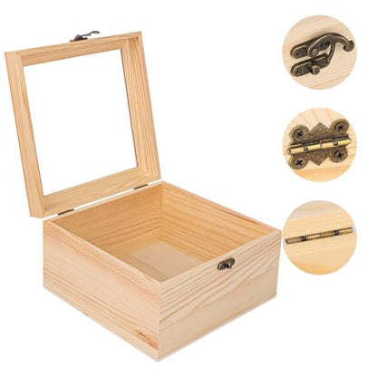 2 Pack Wood Box with Glass Lid, 7.87 x 7.87 x 4.72 inch Wooden Display Box with Hinged Lid for DIY Craft, Collectibles - size: 2 Pack 7.87 x 7.87 x 4.72 inch
