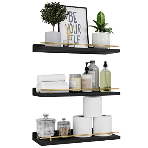 WOPITUES Floating Shelves for Wall Decor Set of 3, Black and Gold - color: Black and Gold, size: 15.7 inch