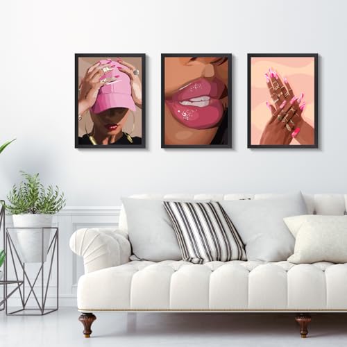 Hianan Wood Framed Fashion Pink Black Girl Wall Art Set of 3, 12x16 in - color: Pink(Wood), size: 16"L x 12"W