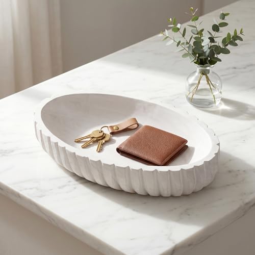 Handcrafted Rustic Oval Wood Decorative Bowl, Ridged Edge