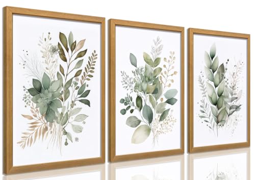 Sage Green Botanical Wall Art Set of 3, Modern Watercolor Eucalyptus Leaf Canvas Prints, Minimalist Boho Floral Wall Decor for Bathroom Bedroom Office, Wood Framed 12x16 Inch Ready to Hang - color: Sage green, size: 16x12