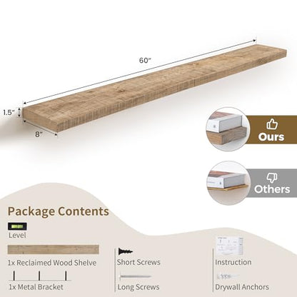 FLYJOE 60 Inch Long Wood Floating Shelf,Solid Rustic Reclaimed Barnwood Planks 8 Inch Deep Floating Wall Mounted Shelves with Invisible Heavy-Duty Metal Bracket for Living Room,Bedroom,Office,Natural - color: Distressed Natural, size: 60inches-1P