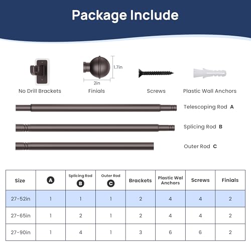 ENJOYBASICS 2 Pack 28-48" No Drill Curtain Rods, Renter Friendly, Bronze - color: Bronze, size: 27-52''