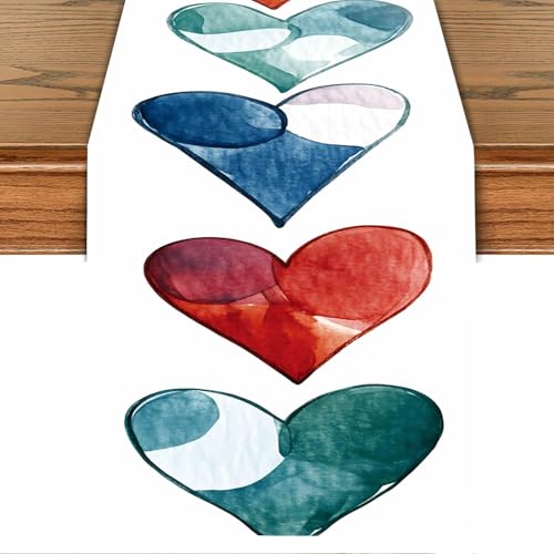 Watercolor Heart Table Runner – 13x72 Inch Modern Table Decor with Artistic Multicolor Hearts, Soft Watercolor Design for Dining Table, Kitchen, Valentine’s Day, or Everyday Use - color: 70
