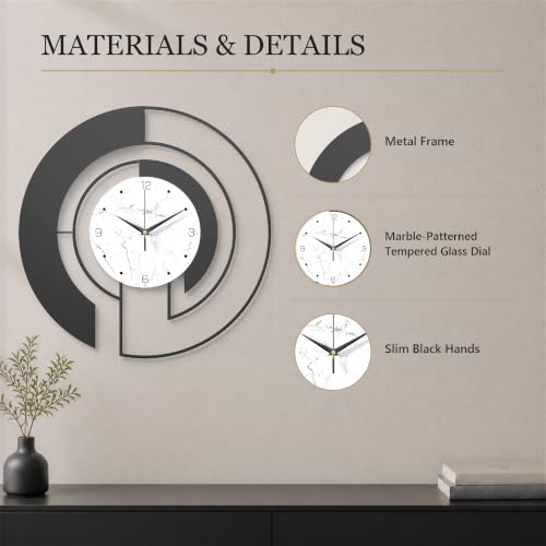 18-Inch Modern Black Metal Wall Clock, Marble Patterned Glass Dial - color: Black