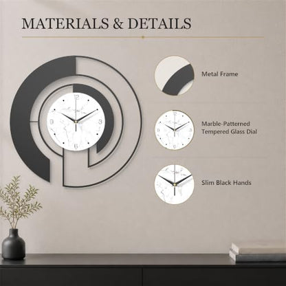18-Inch Modern Black Metal Wall Clock, Marble Patterned Glass Dial - color: Black
