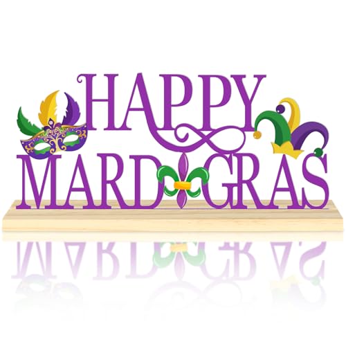 Happy Mardi Gras Metal Table Sign, Mardi Gras Table Decoration Centerpiece, Metal Letter Sign with Wooden Base, Holiday Tabletop Decor for Home, Office, Mantel, Party Supplies - color: Mardi.Gras