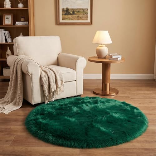 Emerald Green Faux Fur Sheepskin Round Rug 4x4 ft, Fluffy Shag Circle Rug - color: Emerald Green, size: 4' x 4' (Round)