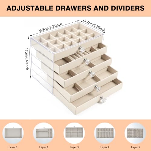 Acrylic Jewelry Box With 5 Drawers, Acrylic Jewelry Box Organizer With Velvet Trays, Clear Jewelry Box Organizer With Drawers For Jewelry Earrings Rings Necklaces (Beige)