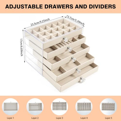Acrylic Jewelry Box With 5 Drawers, Acrylic Jewelry Box Organizer With Velvet Trays, Clear Jewelry Box Organizer With Drawers For Jewelry Earrings Rings Necklaces (Beige)