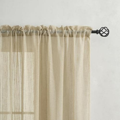 Demetex Short Curtains Beige Semi Sheer Kitchen Lace Window Curtain Panels Stripe, Set of 2, 54 x 45 Inch, Linen - color: Striped Linen, size: 54"W x 45"L (Pack of 2)