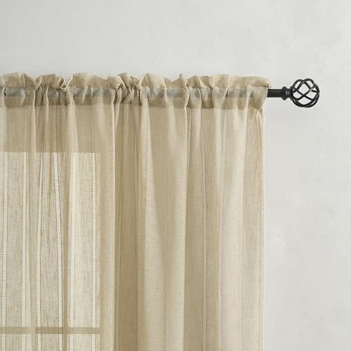 Demetex Semi Sheer Curtains 63 Inches Long Semi Sheer Curtain Panel Striped Texture Window Curtains for Living Room Nursery, Set of 2, 54 x 63 inch Length, Linen - color: Striped Linen, size: 54"W x 63"L (Pack of 2)