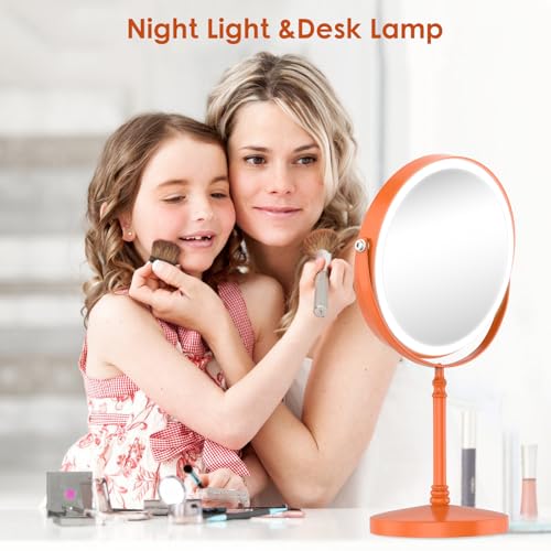DEIOVWXS Makeup Mirror, Rechargeable Vanity Mirror with 3 Lights, 1X/10X - color: Orange