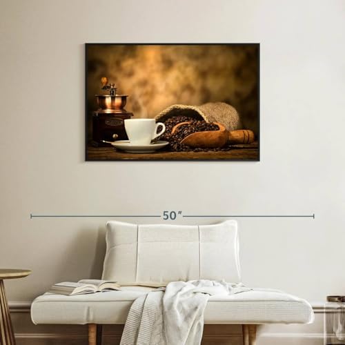 ElephantStock Rustic Coffee Wall Art - Horizontal Framed Canvas - 1-Piece Living Room Wall Decor - Photography Photographic Canvas Print - White and Brown Decor for Wall - 37" X 25" - color: Rustic Coffee Wall Art Canvas Floating Frame Single Piece, size: