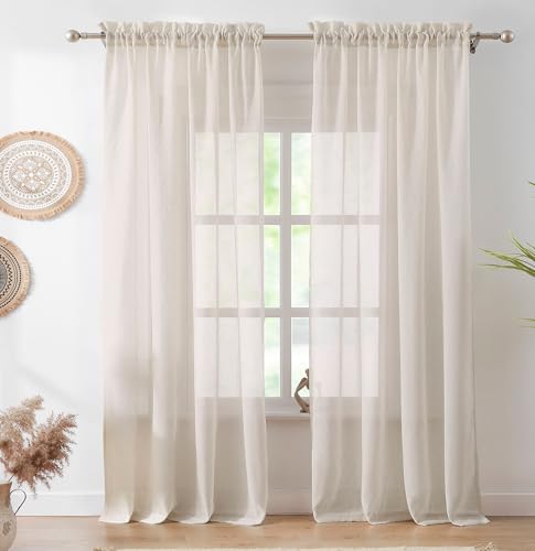 Linen Sheer Curtains for Living-Room Window Draperies 52"x90" 2 Pack Taupe - color: Natural (Taupe), size: 52"W x 90"L (Pack of 2)