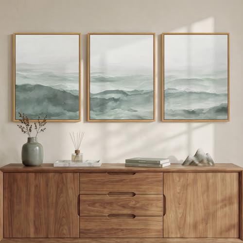 Framed Green Misty Mountain Landscape Canvas Wall Art Bedroom, 12x16 Inch - color: Pastel Green, size: 12" W x 16" H x 3Pcs