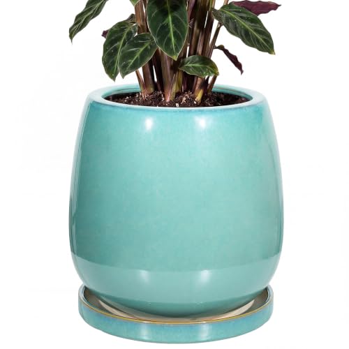 10.3 Inch Ceramic Glaze Plant Pot with Saucer, Flower Pots with Drainage Hole Mesh Net (Spot Green) - color: Spot Green