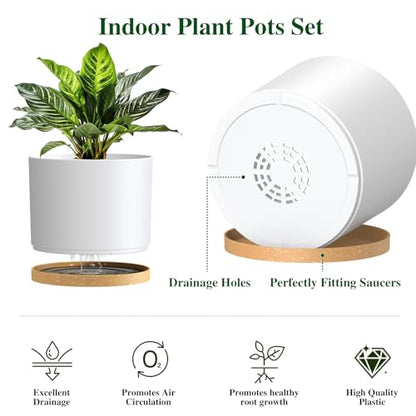 Plant Pots, 10/9/8 Inch 3 Pack Cylindrical Flower Pots with Drainage Holes and Saucers, Plastic Planters for Outdoor Indoor Plants,White Brown - color: White With Brown