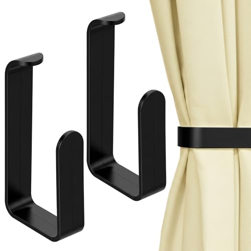 Grevosea 2 Pack Adhesive Curtain Holdbacks No Drill Curtain Tiebacks Curtain Holders for Wall Drapes Window Treatment Curtain Hooks for Home Office Decor (Black)