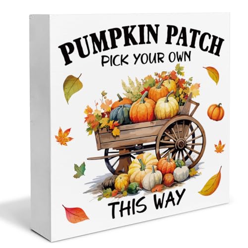 Fall Decor Fall Pumpkins Wooden Box Sign Autumn Harvest Decorations Rustic Home Desk Shelf Tabletop Decor 5 x 5 Inches - color: Multicolor PUM