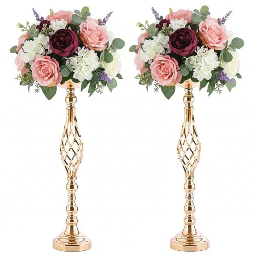 Gold Wedding Vases for Table Centerpieces - Twist Candleholder Stands, Elegant Floral Arrangement Vases, Metal Centerpieces for Reception Table Wedding Road-Leading Home Decor - color: ['Gold'], size: ['2 pieces, 23.23 inches']