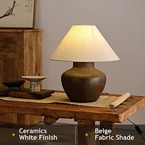 Farmhouse Ceramic Table Lamp Rustic Clay Pot Table Lamps Brown Ceramic Lamp Body with White Drum Shade Decor Bedside Nightstand for Living Room Bedroom House
