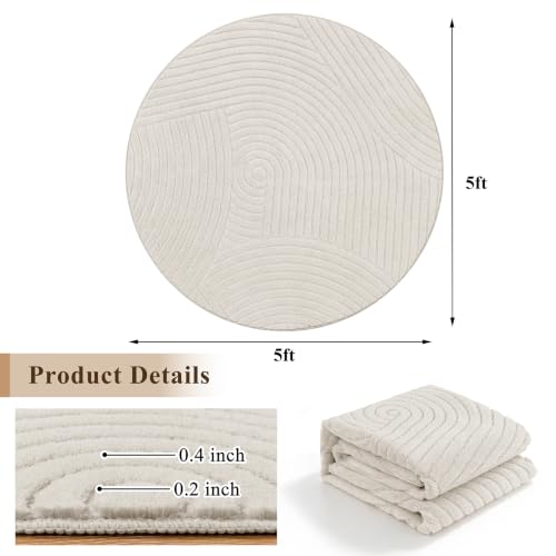 U'Artlines 5 Ft Round Area Rug, Washable Neutral Beige Modern High-Low Pile - size: 5' (Round)