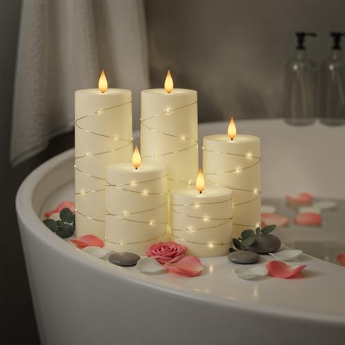Raycare Ivory Flameless LED Pillar Candles Battery Operated Remote Timer - color: 5pcs-Ivory