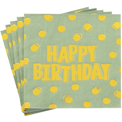 Vuzvuv 52 Pack Birthday Cocktail Napkins with Cute Dots Gold Stamping - Happy Birthday Party Dinner Hand Napkin for Party Supplies Decorations Table Decor for women man(5" Folded 3 Ply-Sage Green) - color: Polka Dot Sage Green